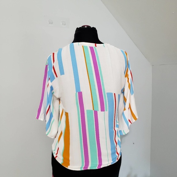 Lovestitch Striped Multicolor Vibrant Tie Blouse Casual Boho Chic Coastal V Neck - Picture 4 of 12